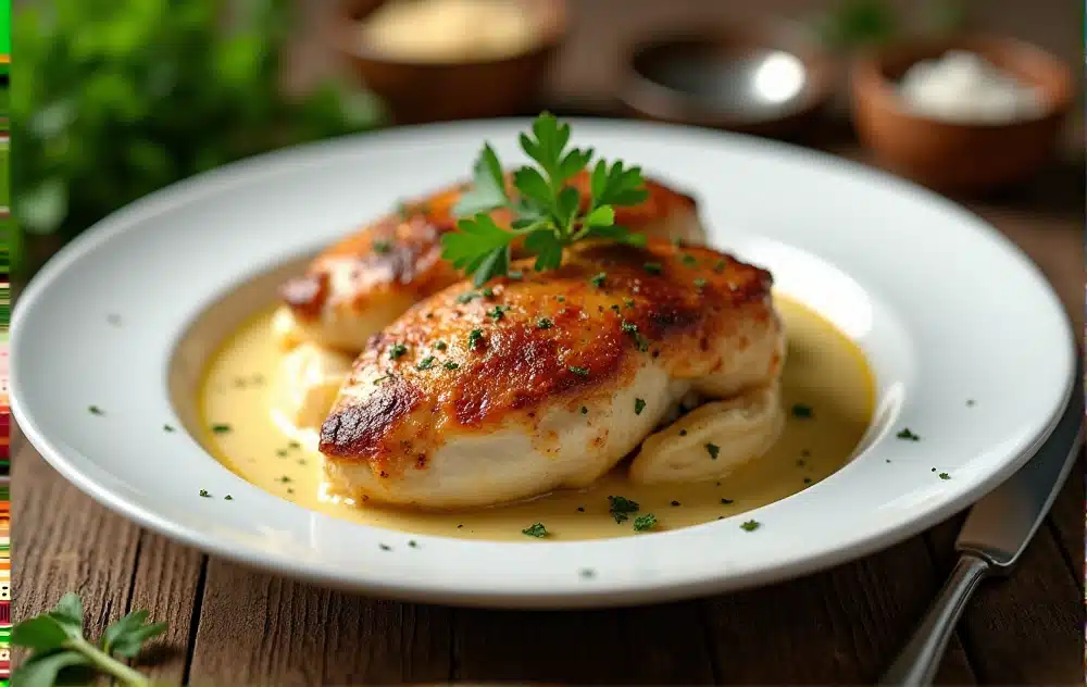 Galena chicken served in a white dish with parsley garnish.