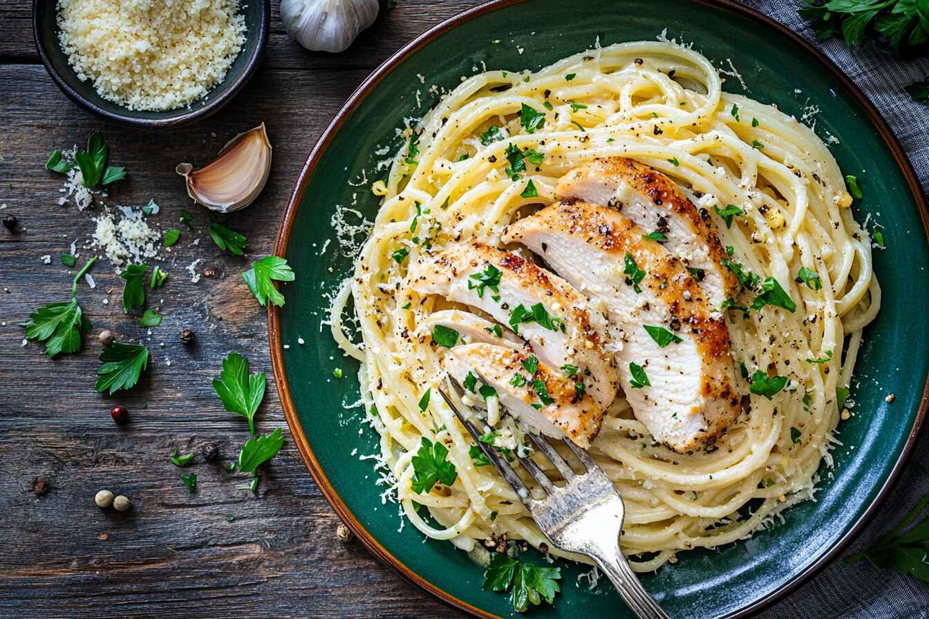 "Garlic Parmesan Chicken Pasta Nutrition Breakdown with Creamy Sauce, Grilled Chicken, and Fresh Garnishes"(Garlic Chicken Pasta Nutrition Facts)