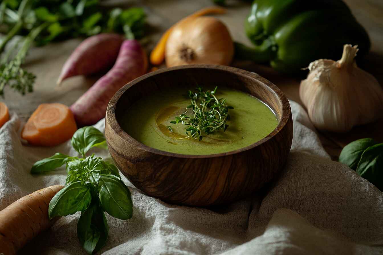 A top-down view of a green soup bowl with spinach, kale, and parsley, emphasizing its fresh and wholesome ingredients.(What Is Green Soup Made Of)