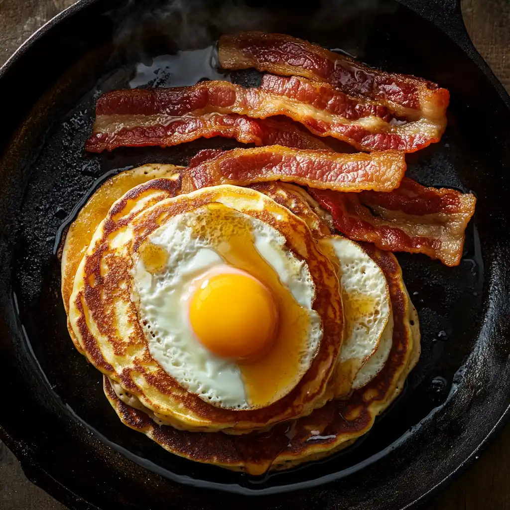 How to cook on a griddle: fluffy pancakes, crispy bacon, and sunny-side-up eggs sizzling on a cast iron flat top