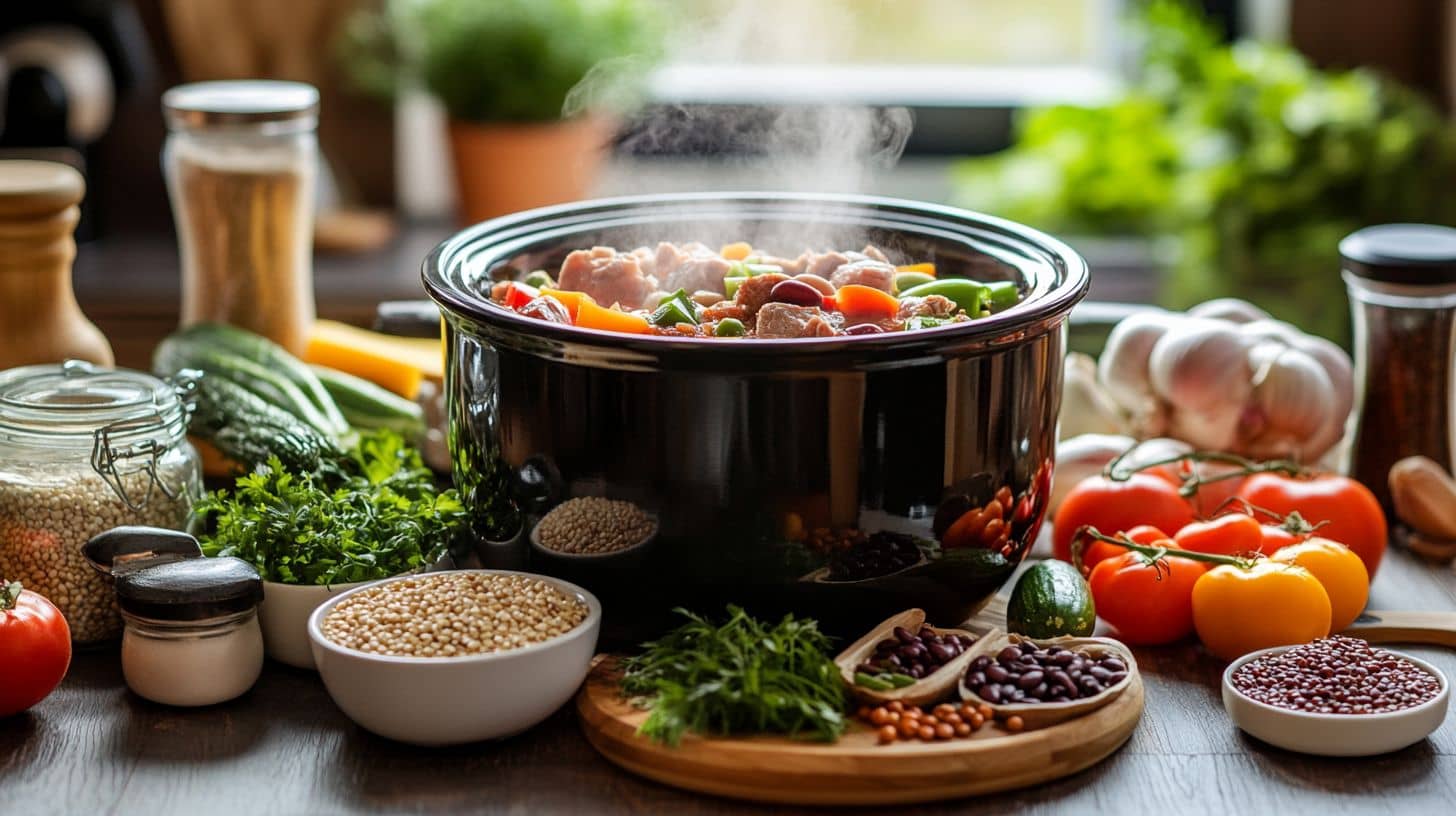 A crock pot with fresh ingredients like vegetables, lean meat, beans, and quinoa, showcasing the essence of high protein crock pot recipes