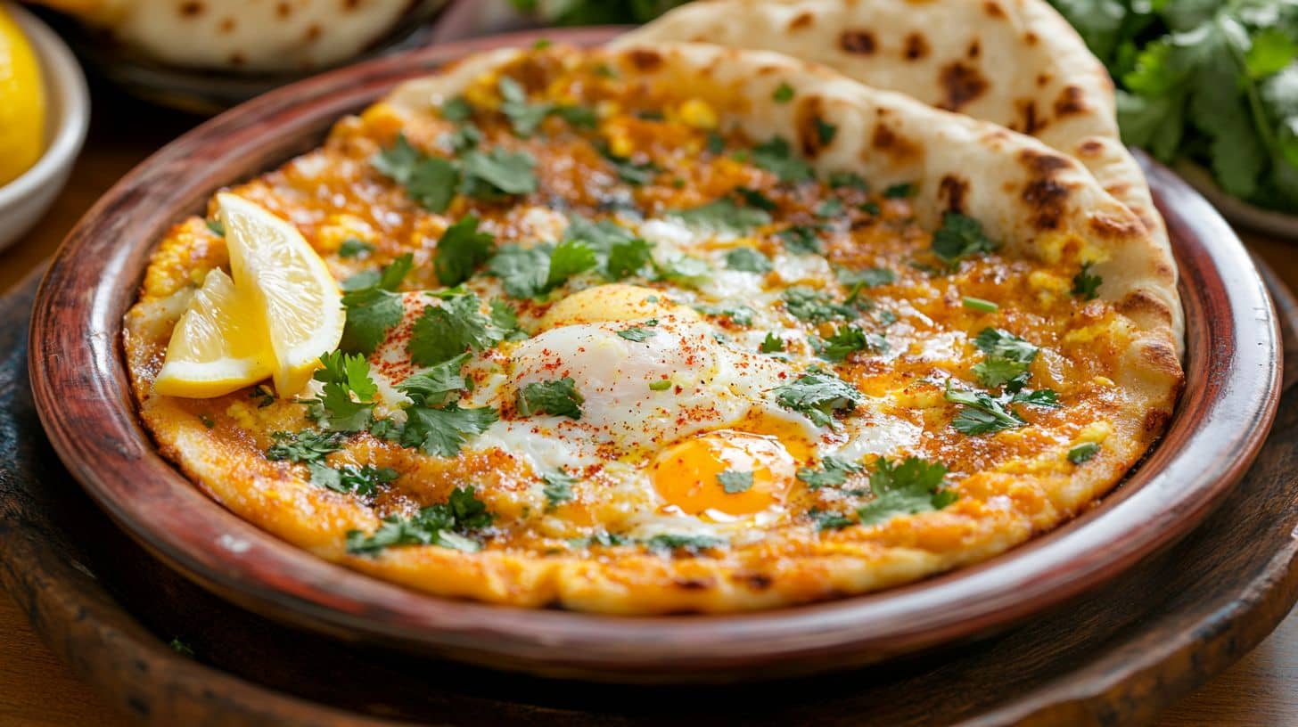 A plate of Egg Bharta Recipe garnished with cilantro and served with naan bread.