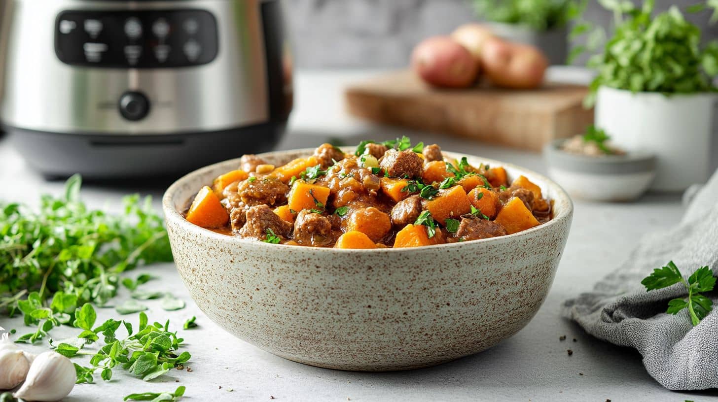 A vibrant, hearty beef stew with sweet potatoes and vegetables served in a rustic bowl, surrounded by fresh herbs and a slow cooker in the background. Perfect forhigh protein crock pot recipes