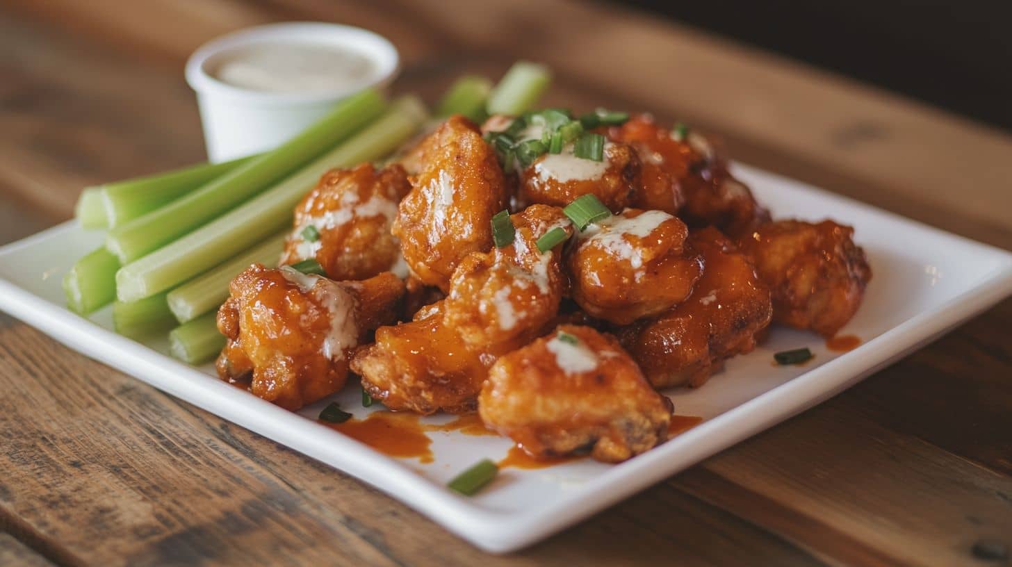 A plate of buffalo wings with celery sticks and ranch dressing.( Best Buffalo Wings Near Me)