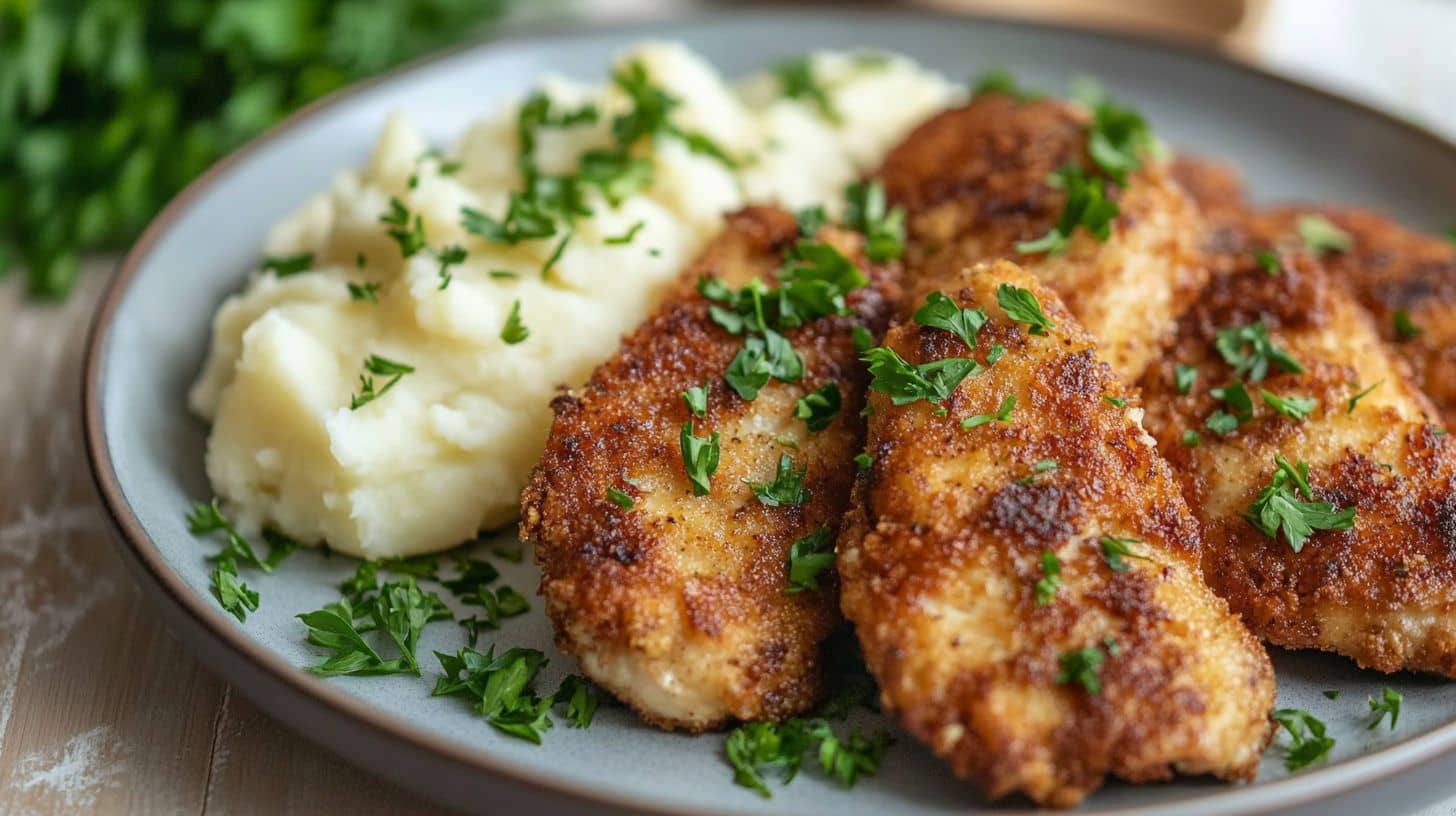 Crispy baked chicken cutlets served with mashed potatoes and parsley garnish.(Baked Chicken Cutlet Recipes)