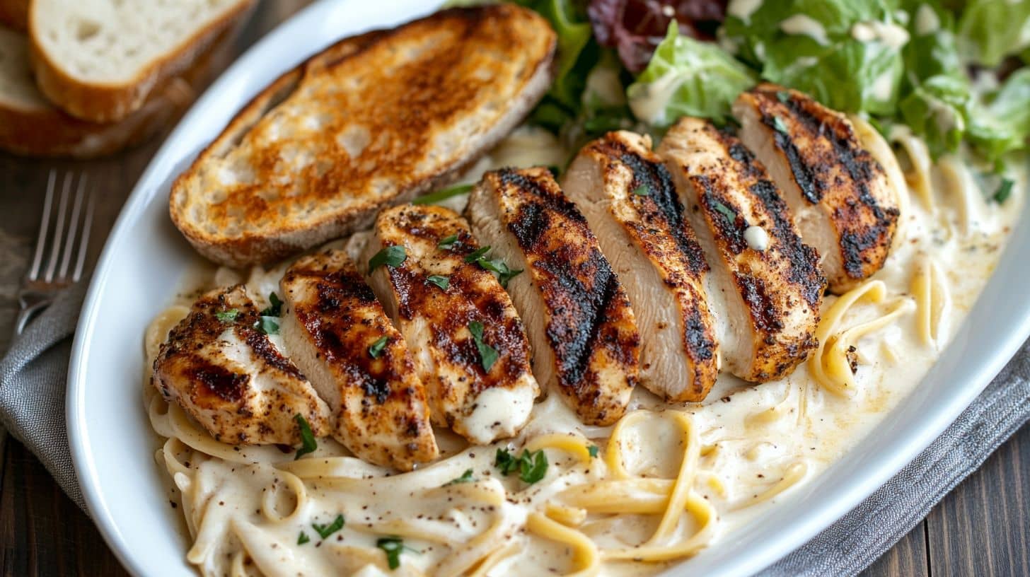 Cajun chicken Alfredo served with garlic bread and salad.