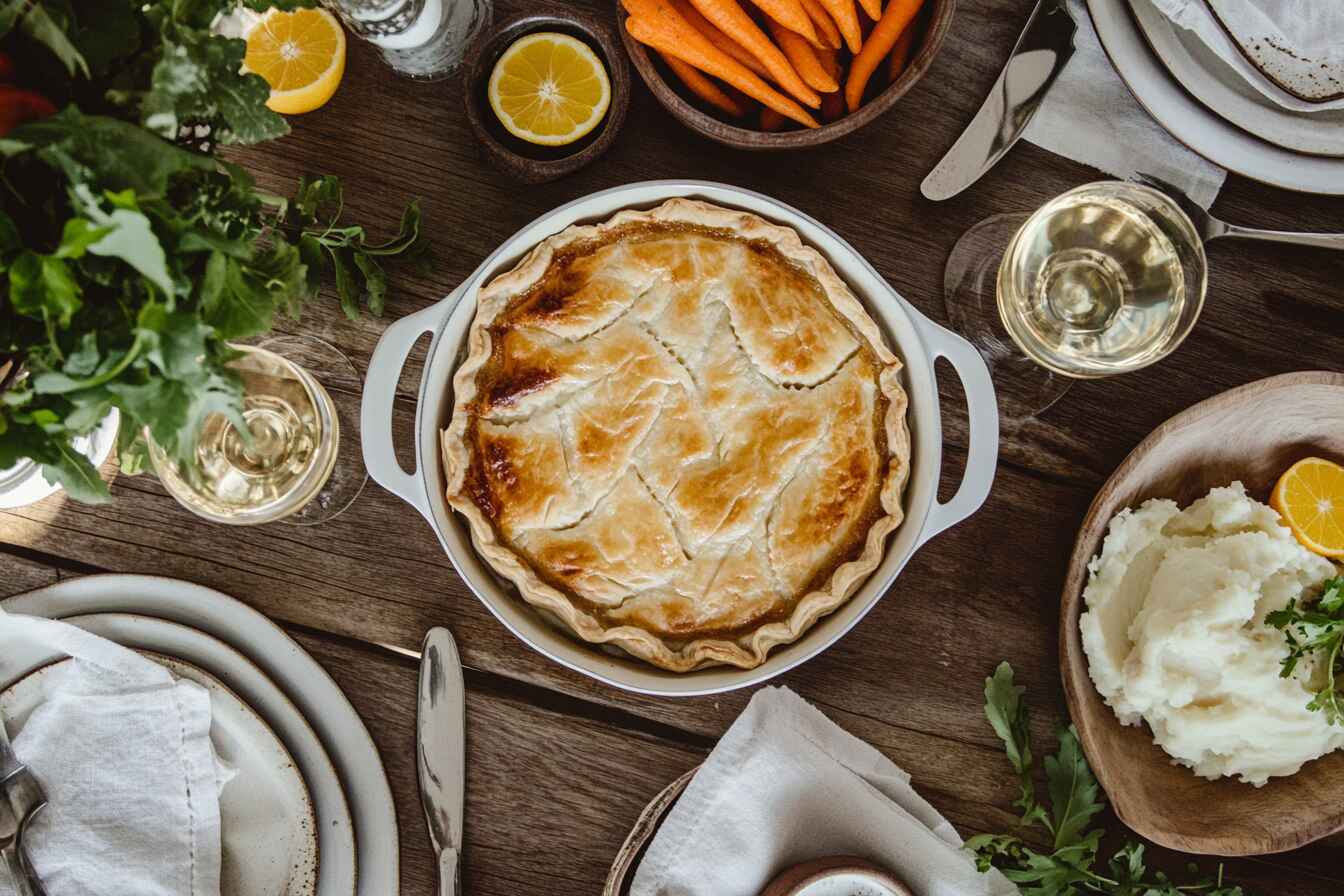 Golden-brown chicken pot pie with flaky crust surrounded by fresh green salad, creamy mashed potatoes, honey-glazed carrots, and a cozy rustic table setting.