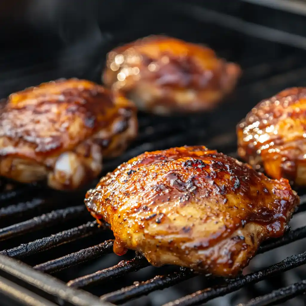 Delicious chicken thighs cooked using Traeger recipes with smoky BBQ flavor