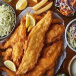 Hillbilly fish fry seasonings recipe with crispy golden fried fish, coleslaw, and lemon wedges on a rustic wooden table.