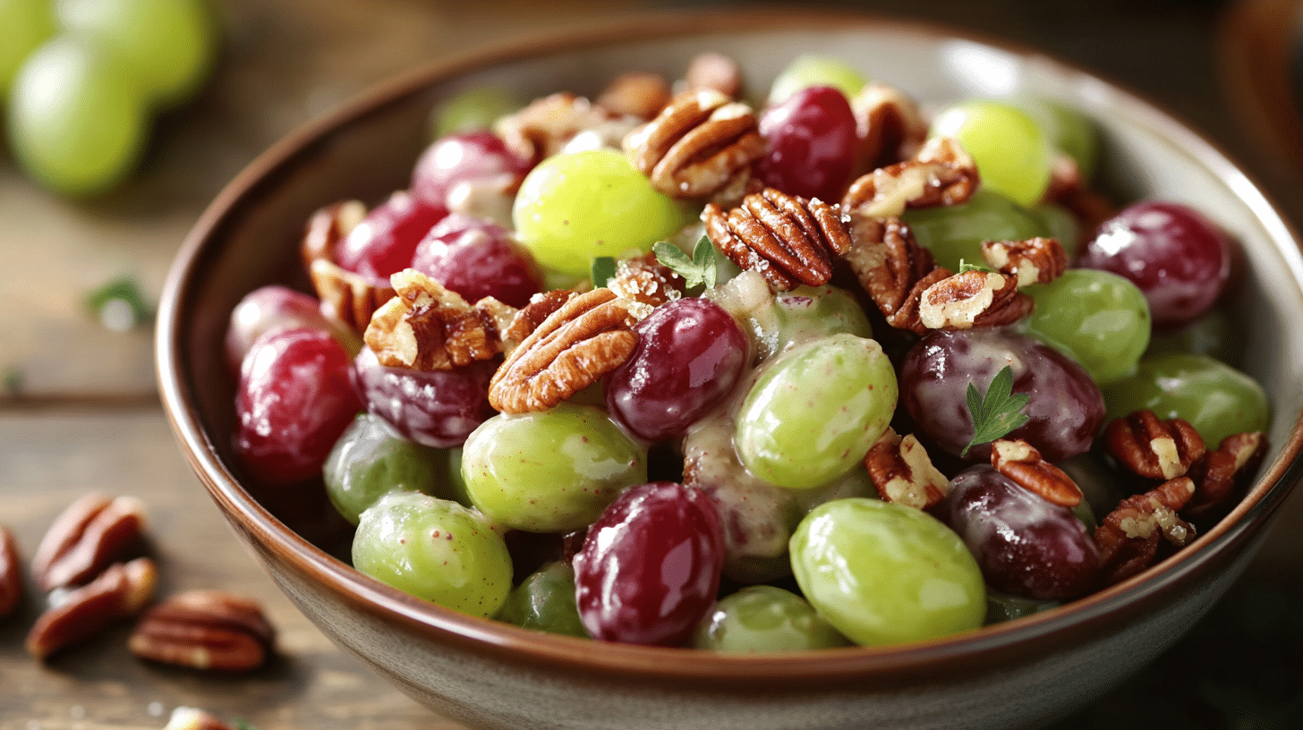 Fresh grape salad in a bowl with red and green grapes, creamy dressing, and crunchy pecan toppings, served on a rustic wooden table.(What is grape salad made of)