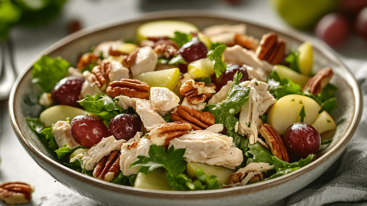 Bowl of Fancy Nancy chicken salad with grapes, apples, and pecans.(Does Fancy Nancy Have Celery in It?)