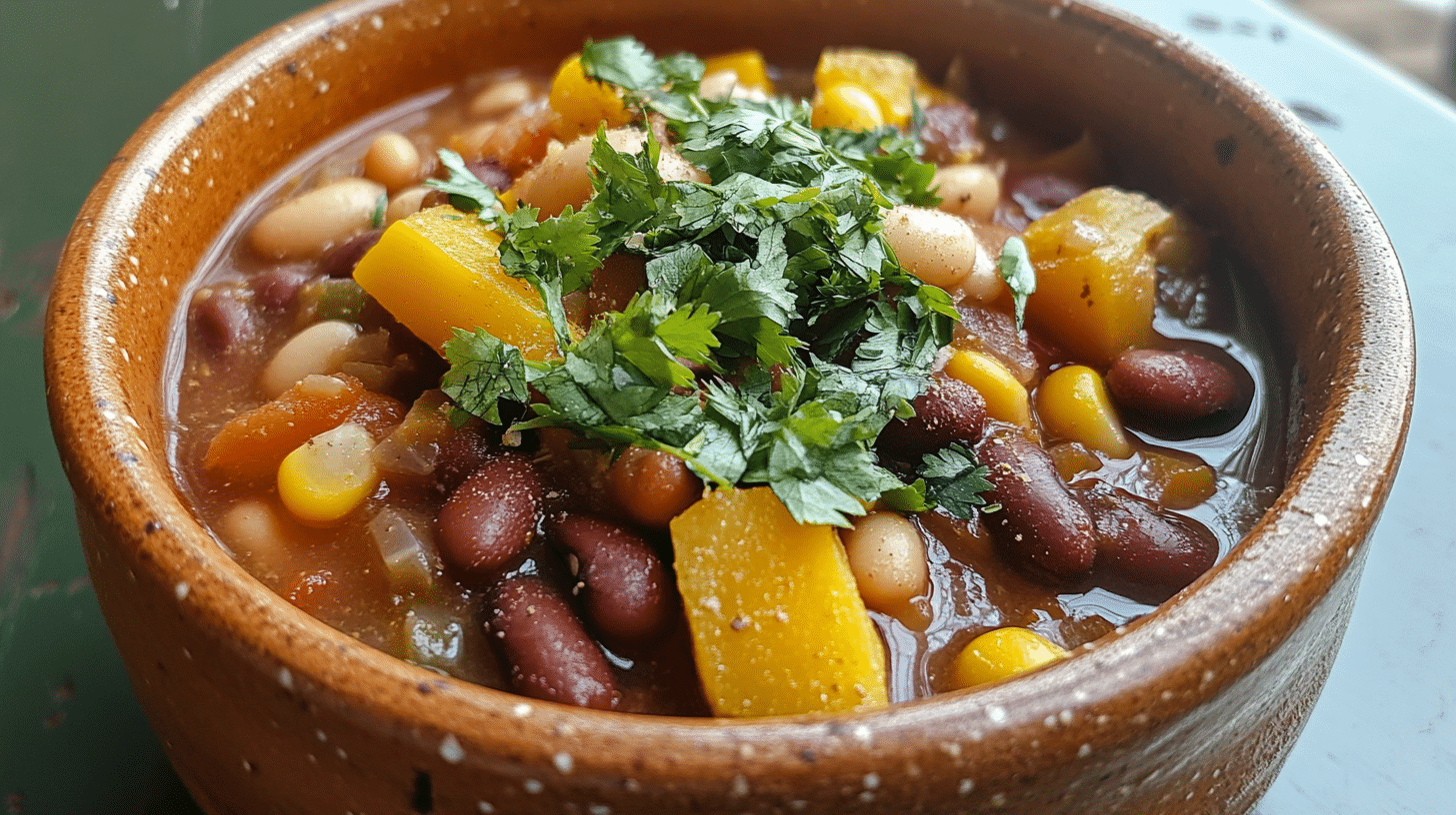 bowl of Three Sisters Soup with corn, beans, and squash, garnished with fresh herbs.