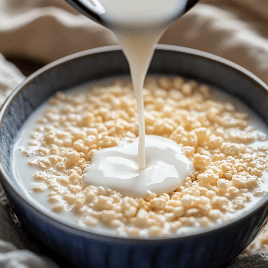 A bowl of Rice Krispies cereal with milk being poured in, creating a creamy breakfast scene (Original Ingredients in Rice Krispies)
