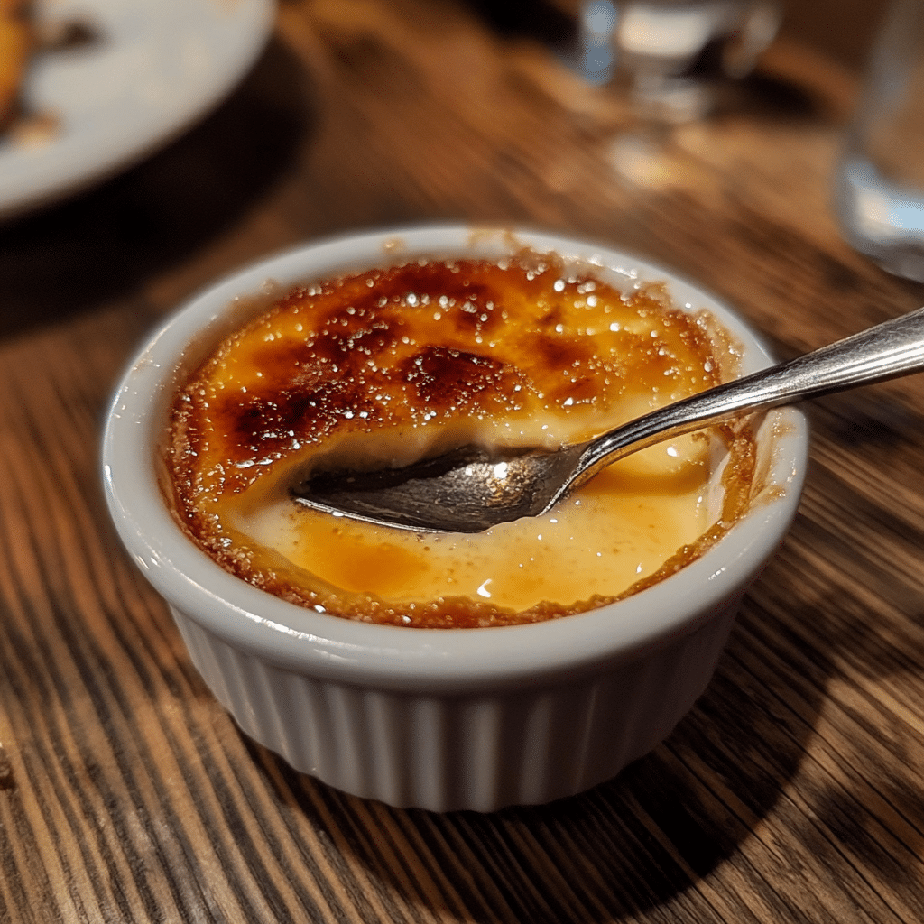 (secret of crème brûlée) A classic crème brûlée with a golden caramelized top and a spoon cracking through the surface.