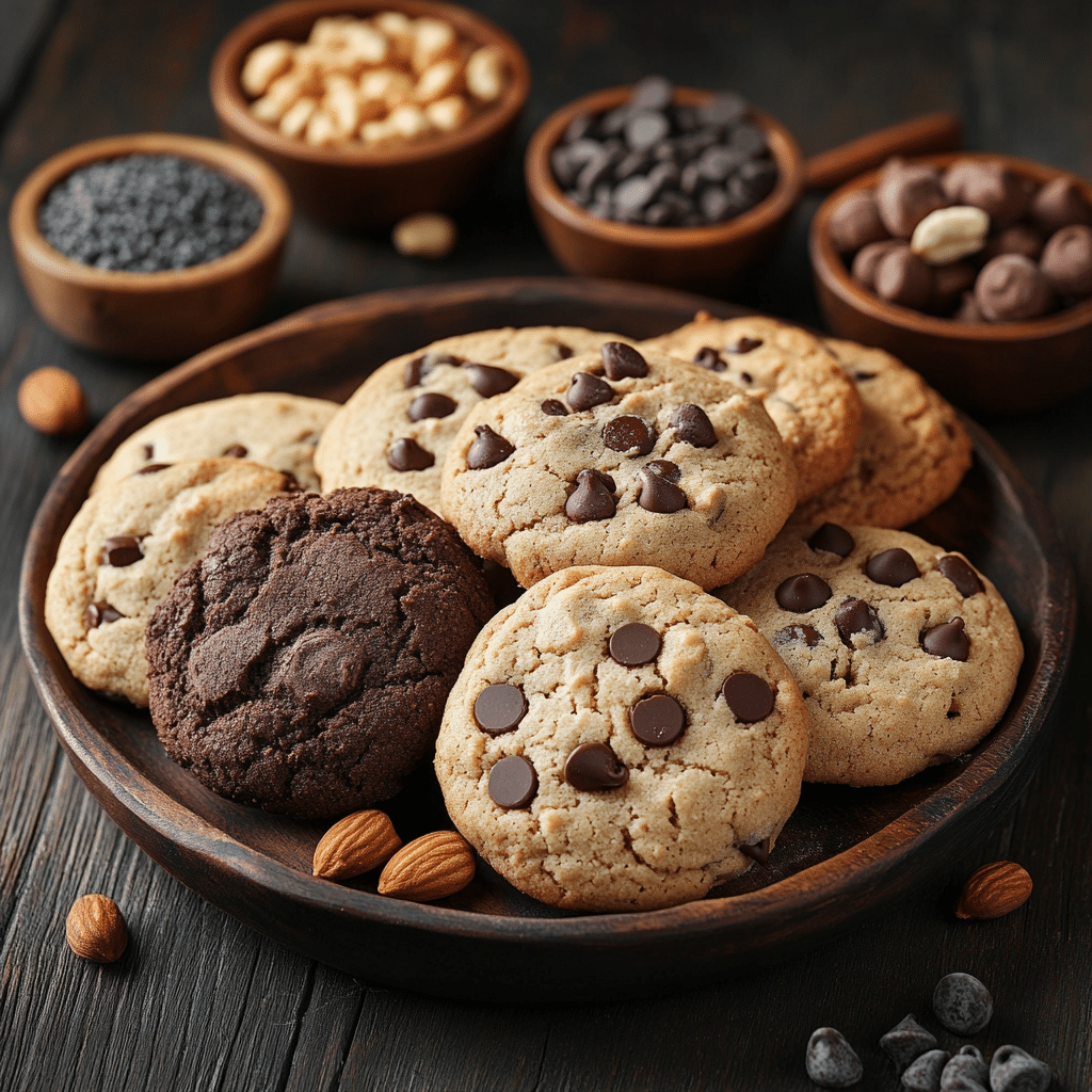 An assortment of cookies from a protein cookie recipe, displayed with ingredients like protein powder, nuts, and chocolate chips.