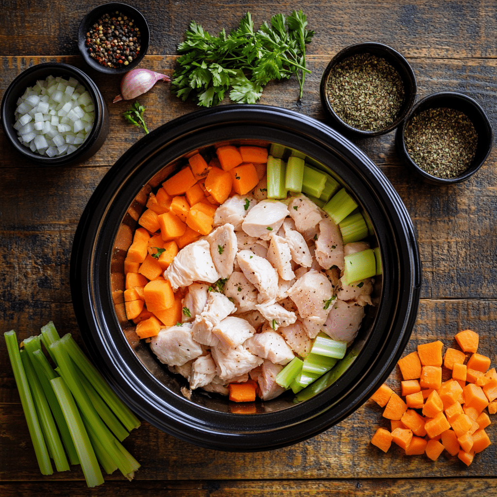 A slow cooker filled with frozen chicken, vegetables, and herbs.(Frozen Chicken in a Slow Cooker)