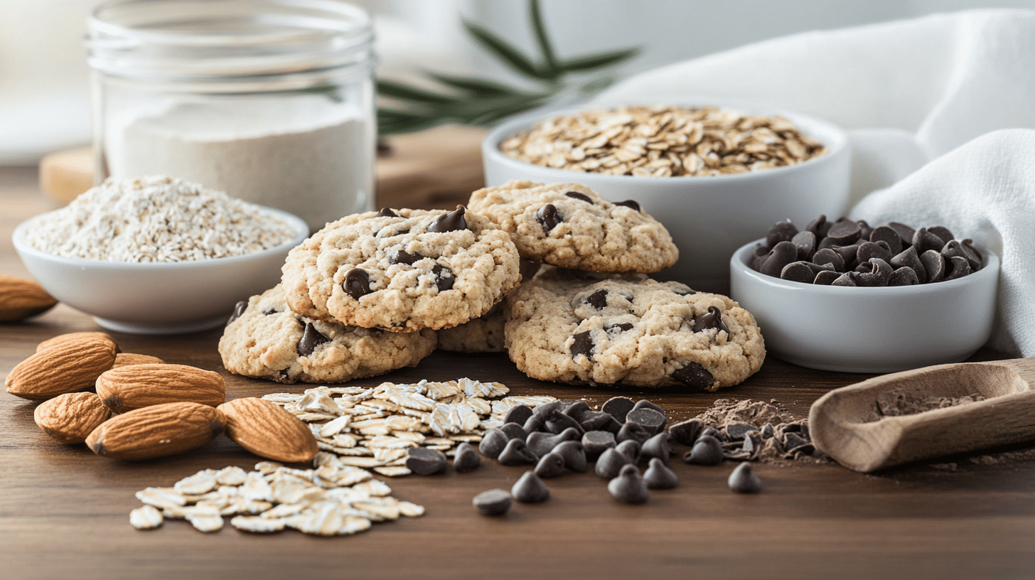 A variety of protein cookies with ingredients like oats, whey protein, and chocolate chips.