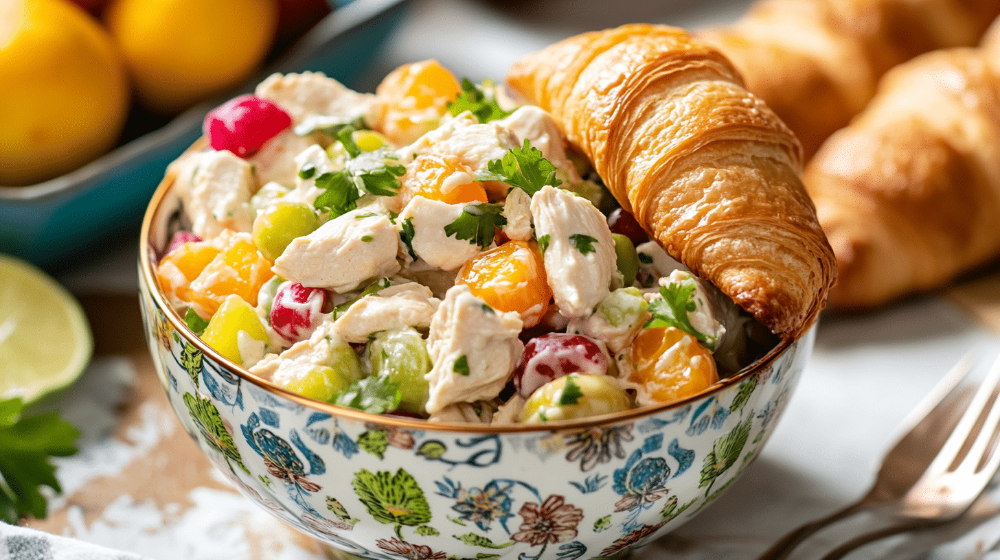 A bowl of Fancy Nancy Chicken Salad with grapes, apples, pecans, and a side of croissants.
