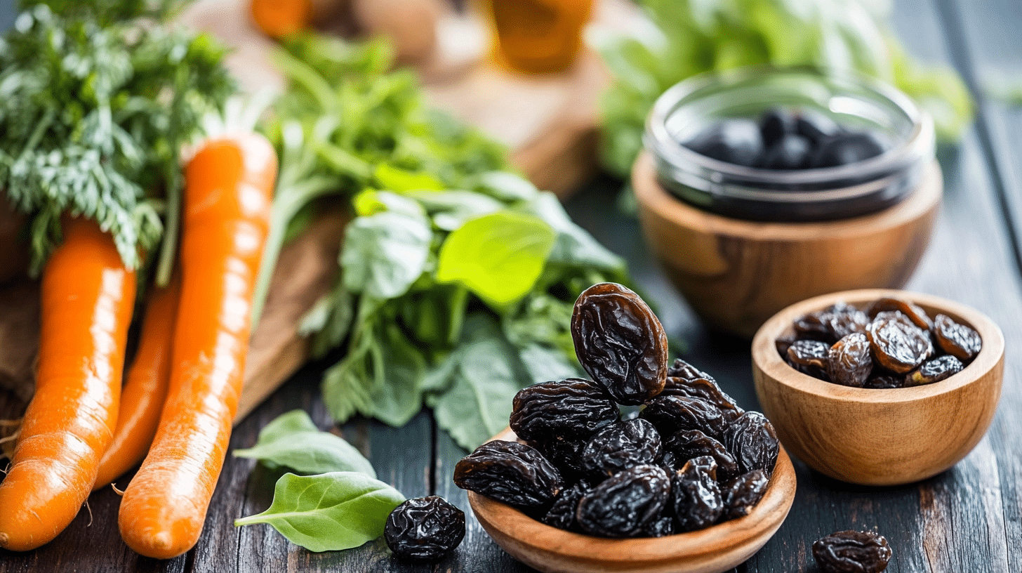 Collection of natural laxative foods like prunes, leafy greens, and carrots.