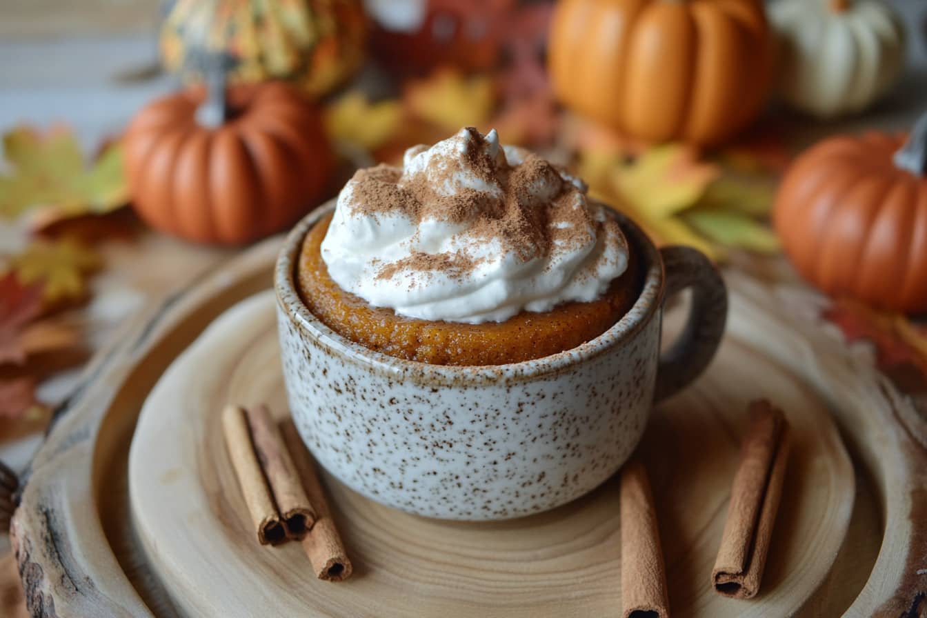 Easy pumpkin mug cake without eggs, garnished with whipped cream and cinnamon, served in a ceramic mug with fall-themed decor.(No Egg Fresh Pumpkin Recipes)