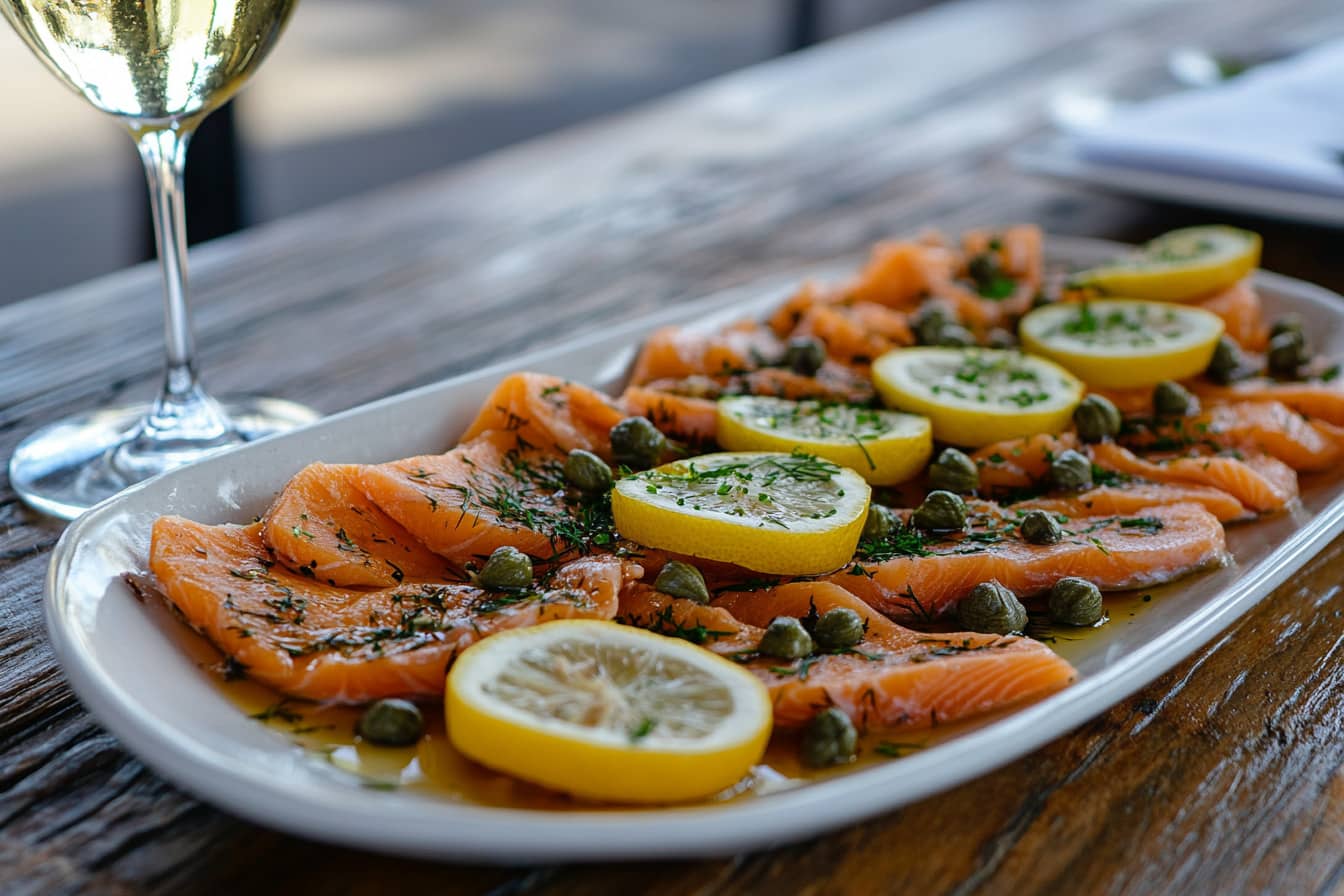 Smoked Salmon Brine Recipe platter with fresh garnishes and a glass