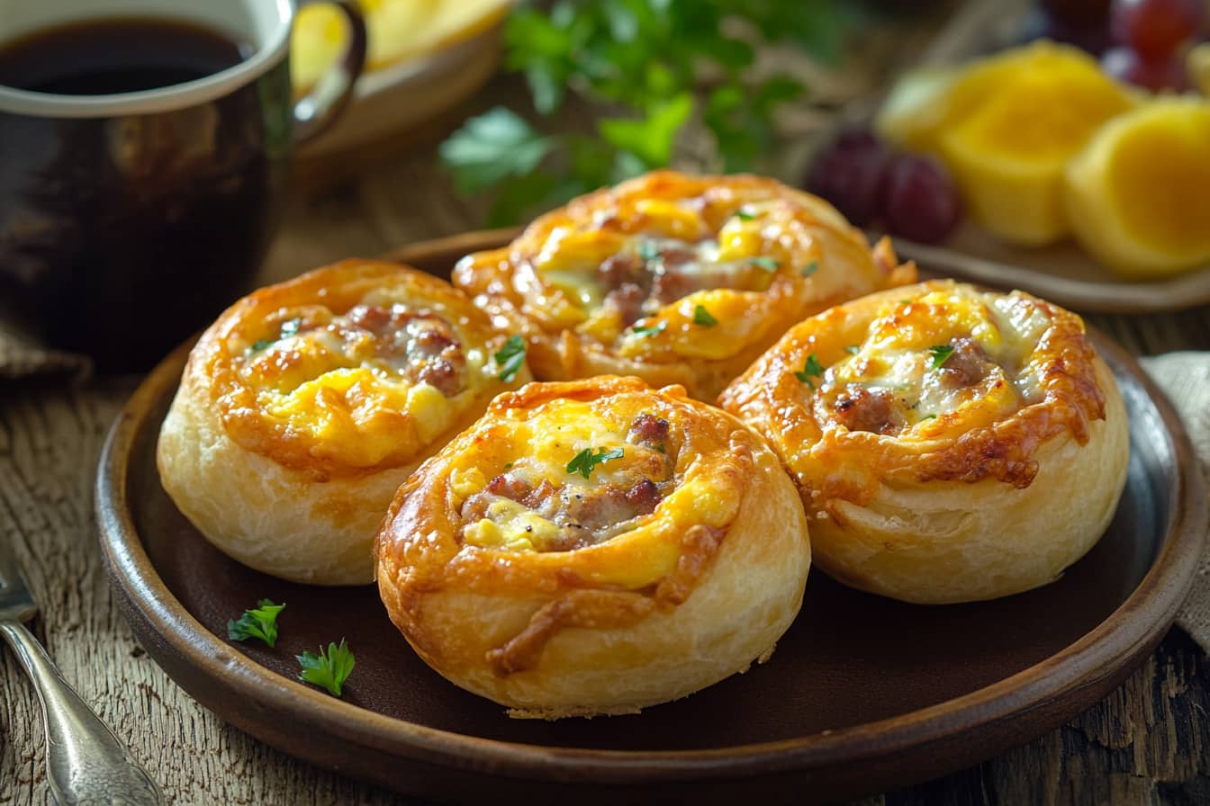 Breakfast pizza rolls filled with eggs, cheese, and sausage served on a wooden table with coffee and fruit.