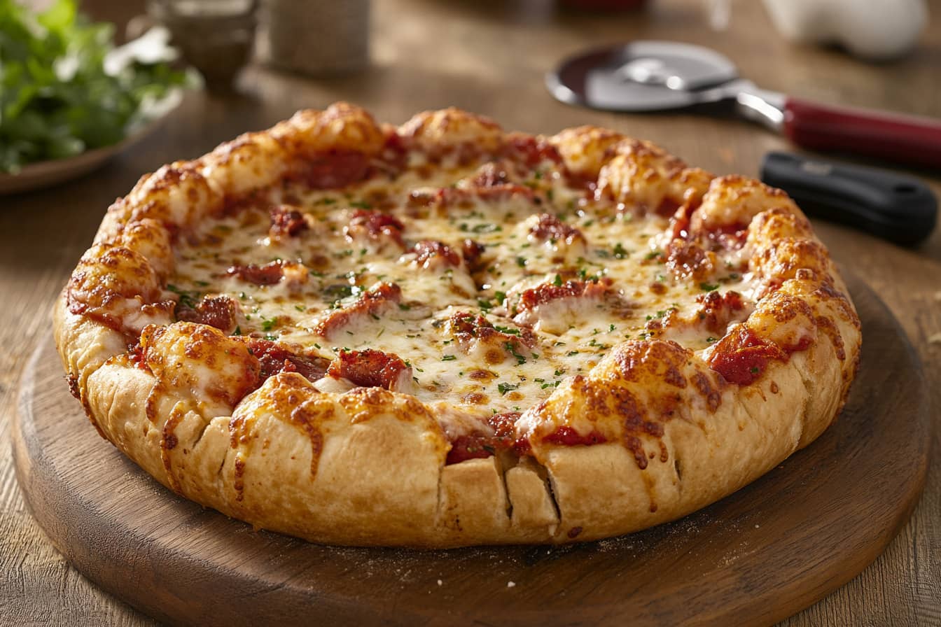 A freshly cooked Red Baron Deep Dish Singles pizza on a wooden board, showcasing its crispy crust and melted cheese, with a pizza cutter nearby.