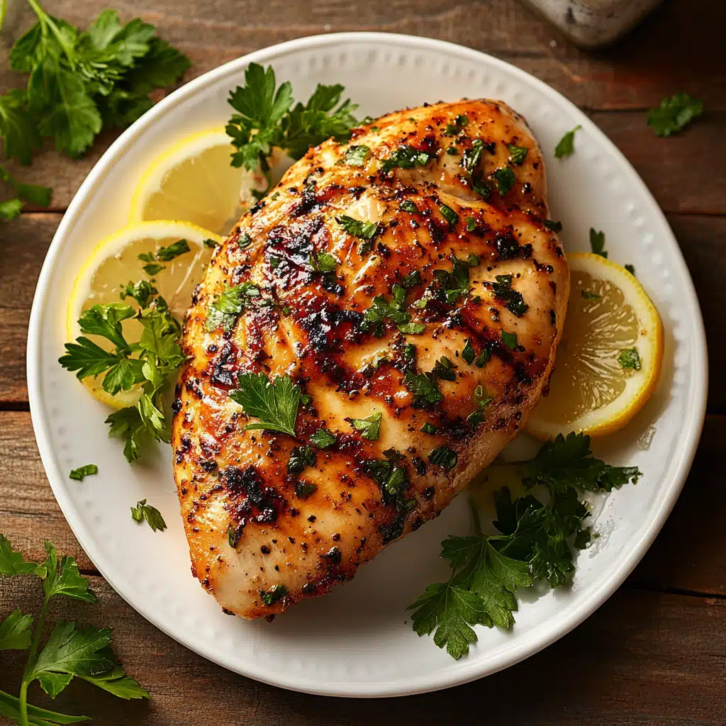Juicy baked chicken breast garnished with herbs and lemon slices.