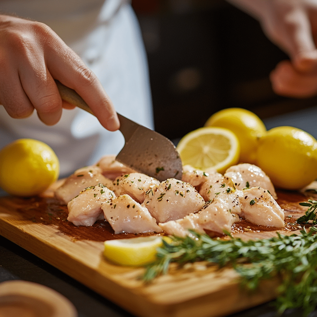 Perfectly cooked tender chicken served on a plate with herbs and lemon slices.