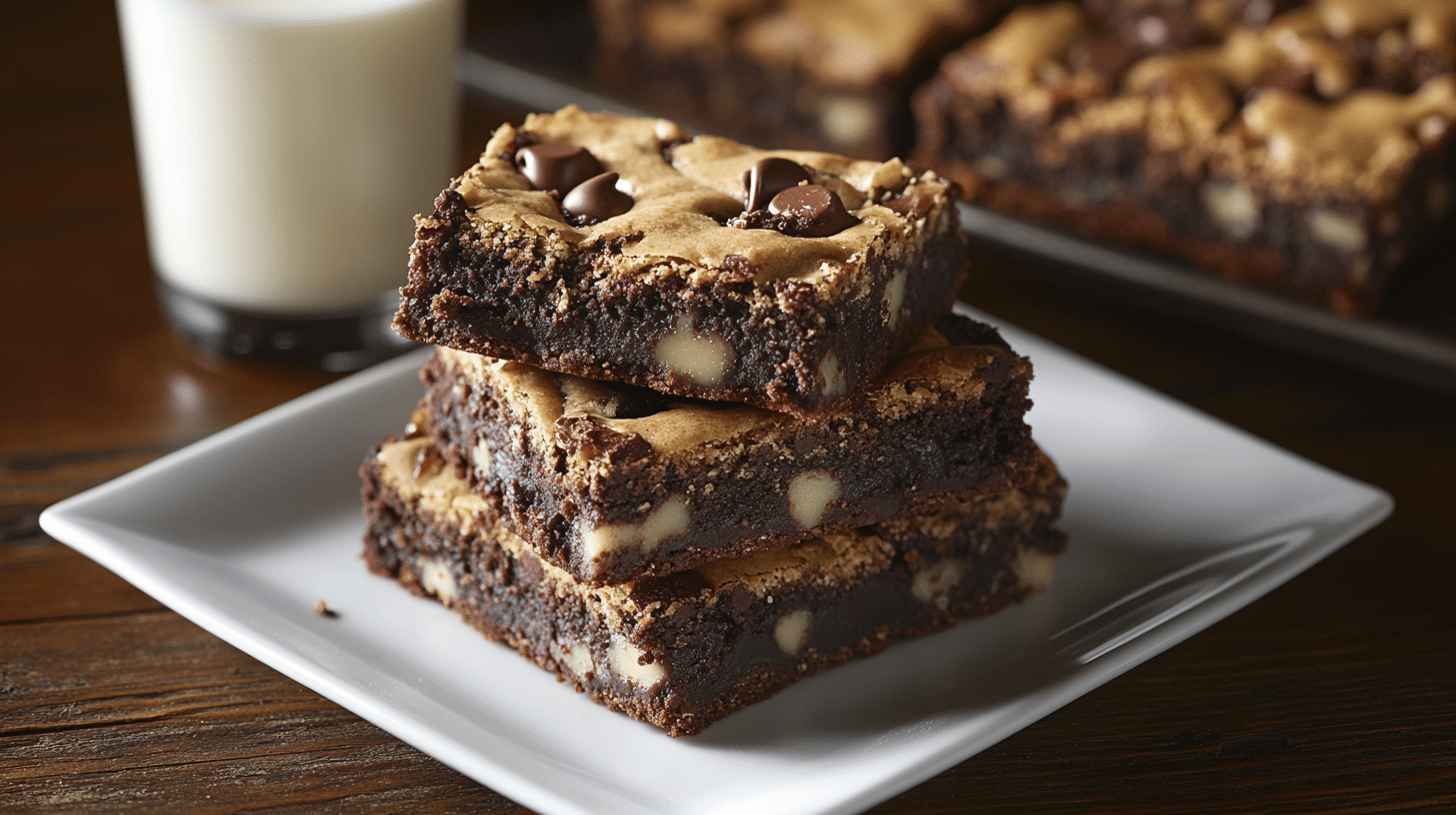 Stacked brookie bars showing layers of brownie and cookie on a white plate with a glass of milk.(Brookie Recipe)