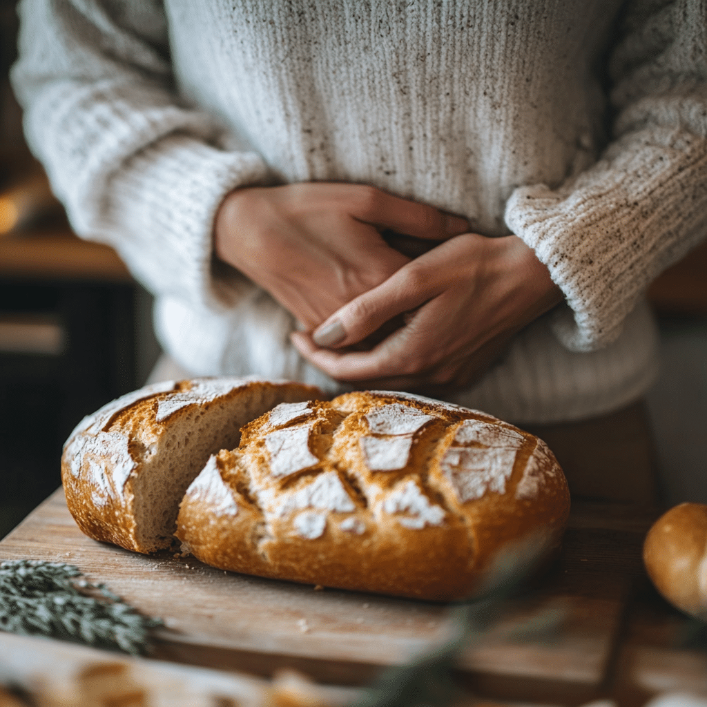 A person experiencing digestive discomfort after consuming sourdough bread.(Disadvantage of Sourdough Bread)