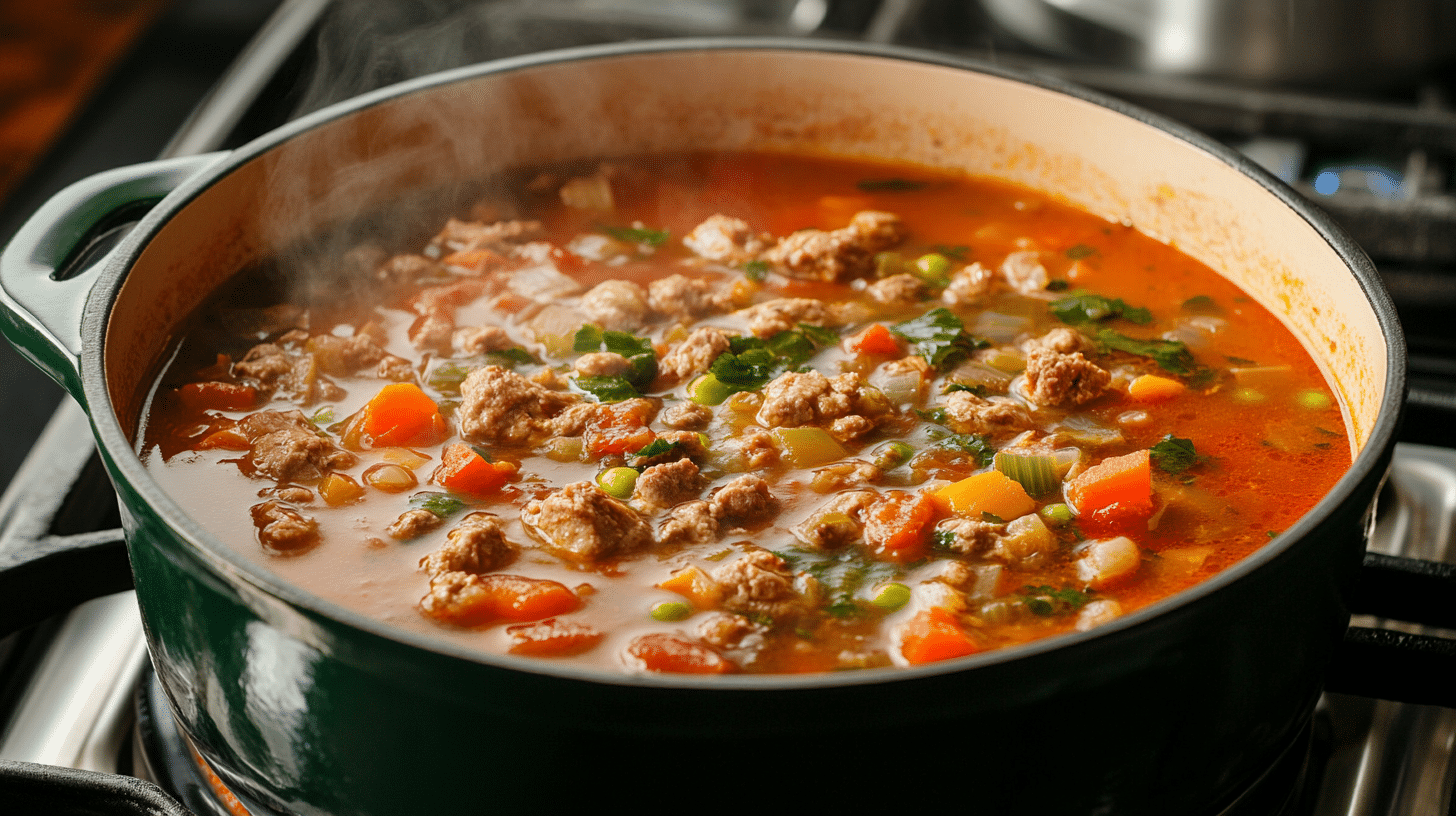 A pot simmering gently on a stove with steam rising.