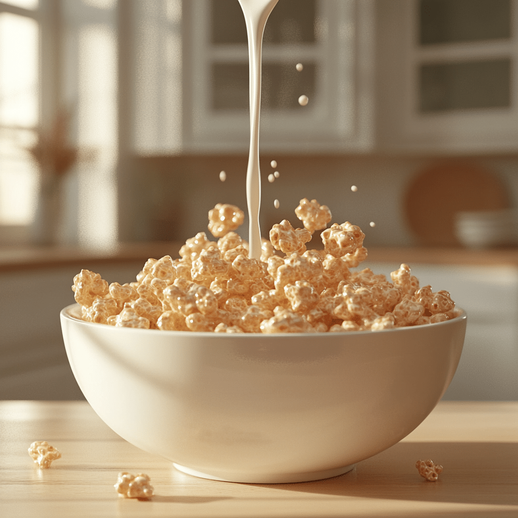 A bowl of Rice Krispies cereal with milk being poured.
