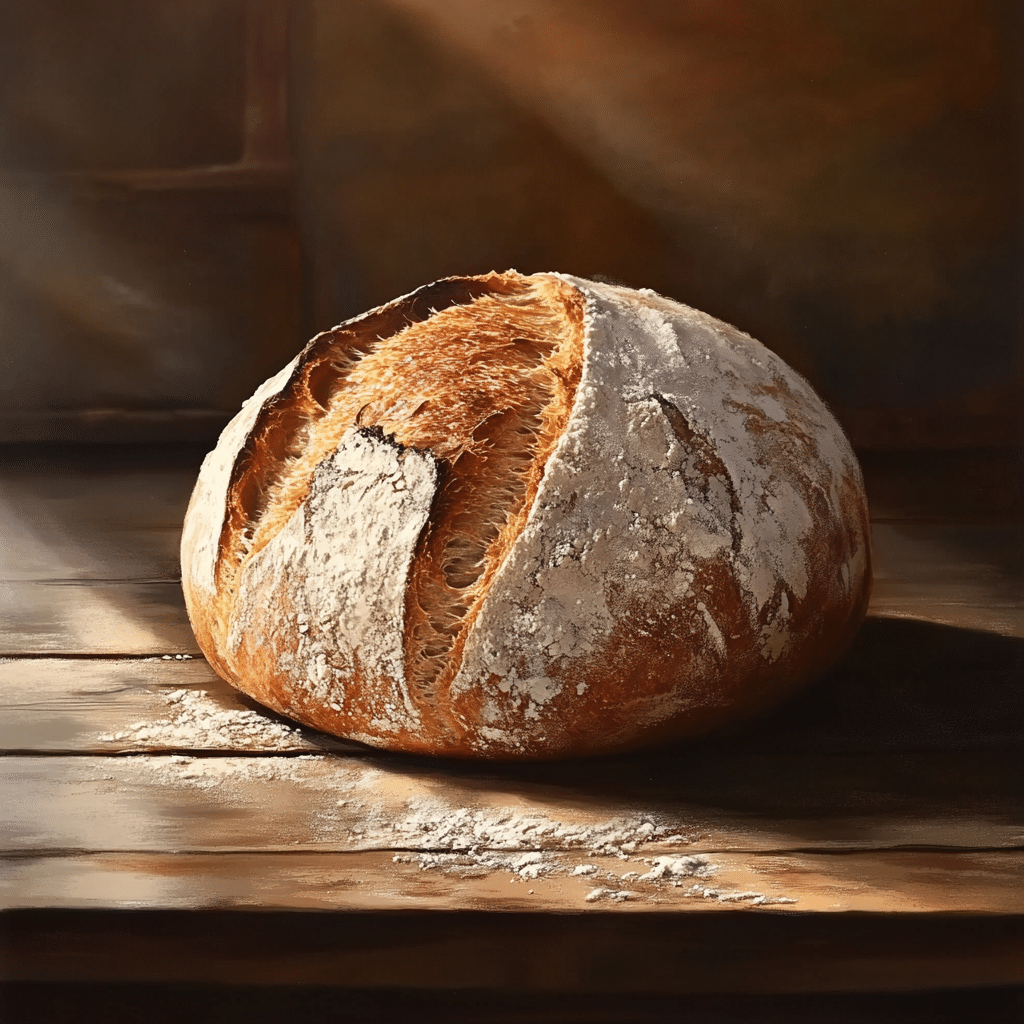 Freshly baked sourdough loaf on a wooden table (Baking Sourdough on a Cookie Sheet)