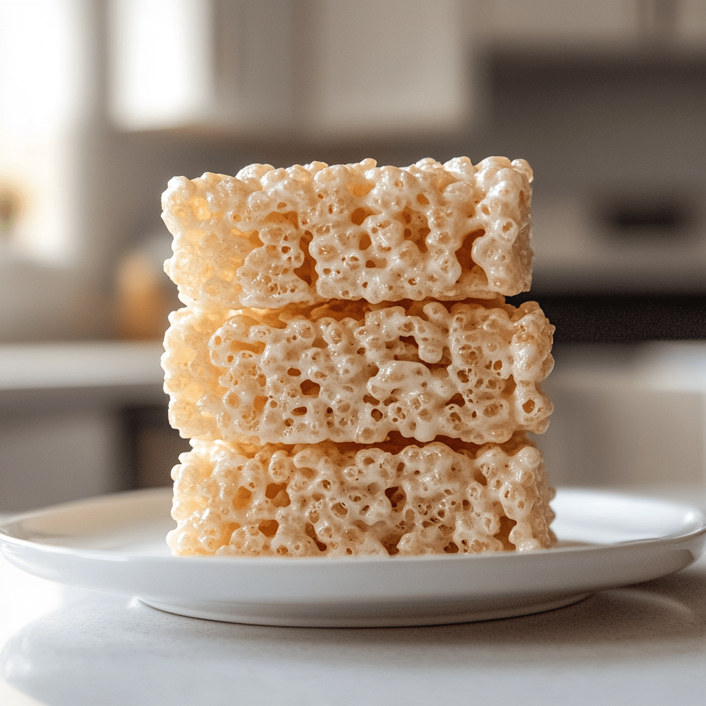 A plate of classic Rice Krispie Treats stacked neatly.(Rice Krispie Treat Recipe)