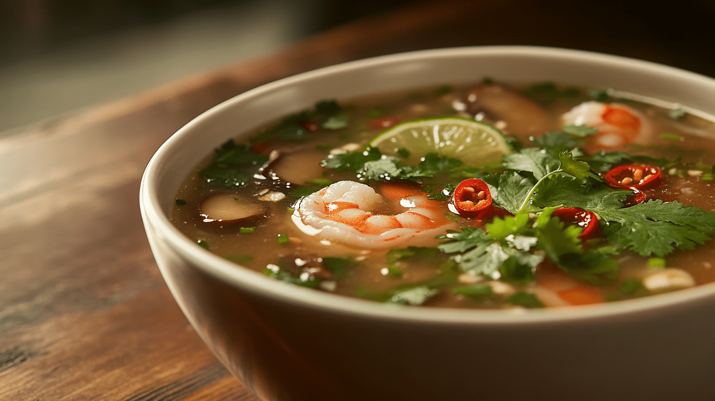 A bowl of Tom Yum Soup with shrimp, mushrooms, and chili peppers garnished with cilantro and lime.(Tom Yum Soup Recipe)