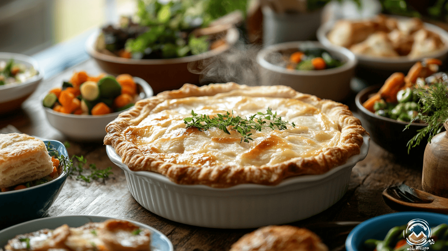 A variety of delicious side dishes served with a chicken pot pie.