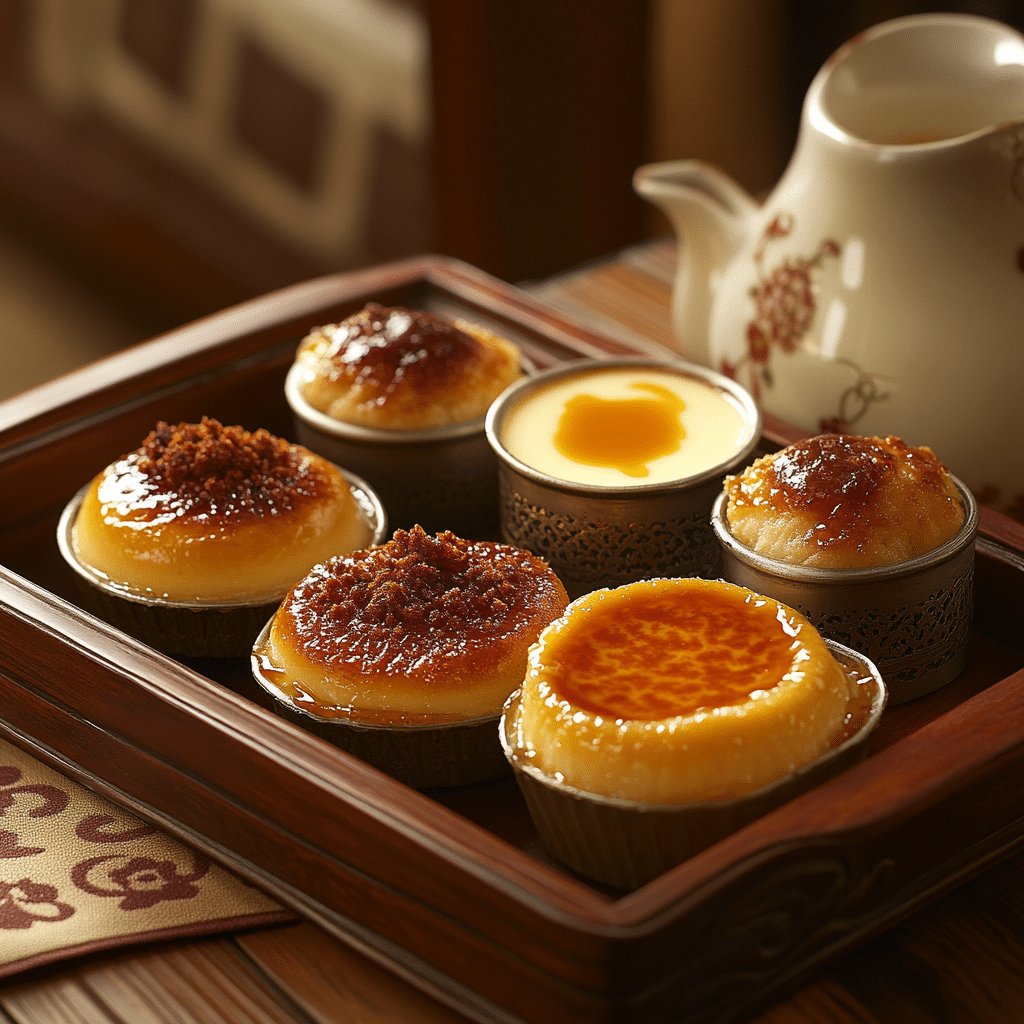 (Crème Brûlée vs Custard) A tray of crème brûlée and various custard-based desserts.