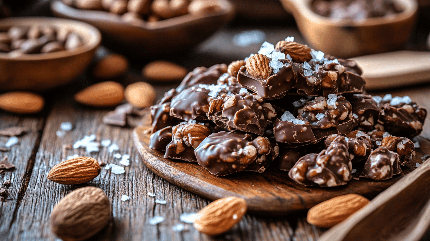 Freshly made chocolate nut candy clusters with glossy chocolate and assorted nuts, garnished with sea salt.