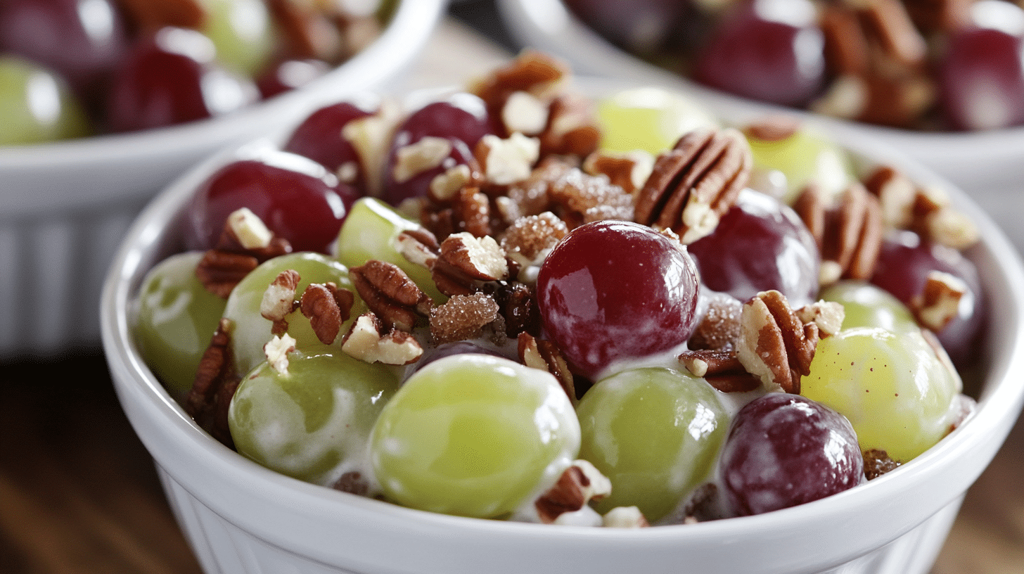 Fresh Grape Salad Recipe with red and green grapes, creamy dressing, and pecan topping.