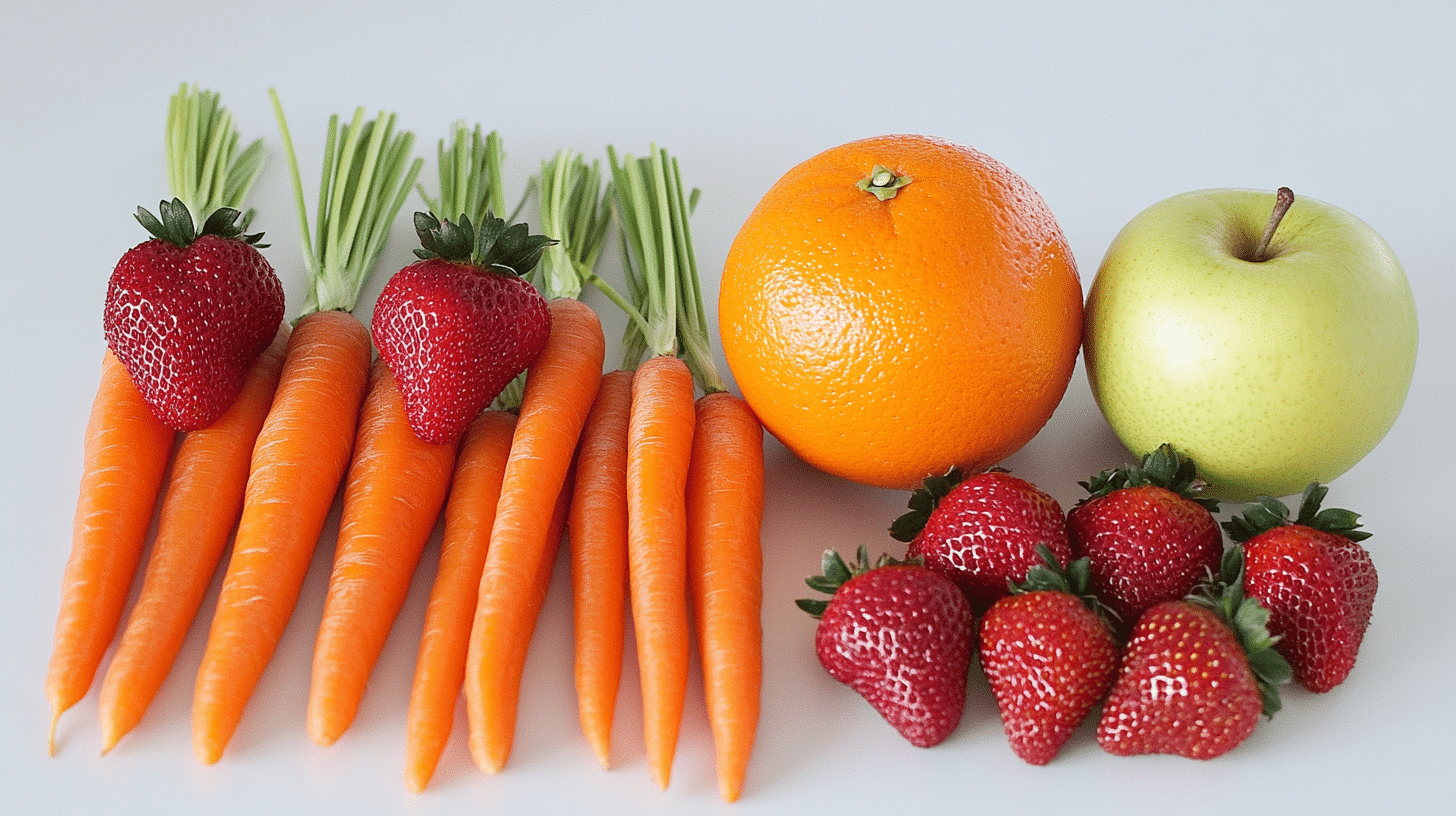 A colorful arrangement of carrots with oranges, apples, pineapples, mangoes, and strawberries.(Fruits That Pair with Carrots)