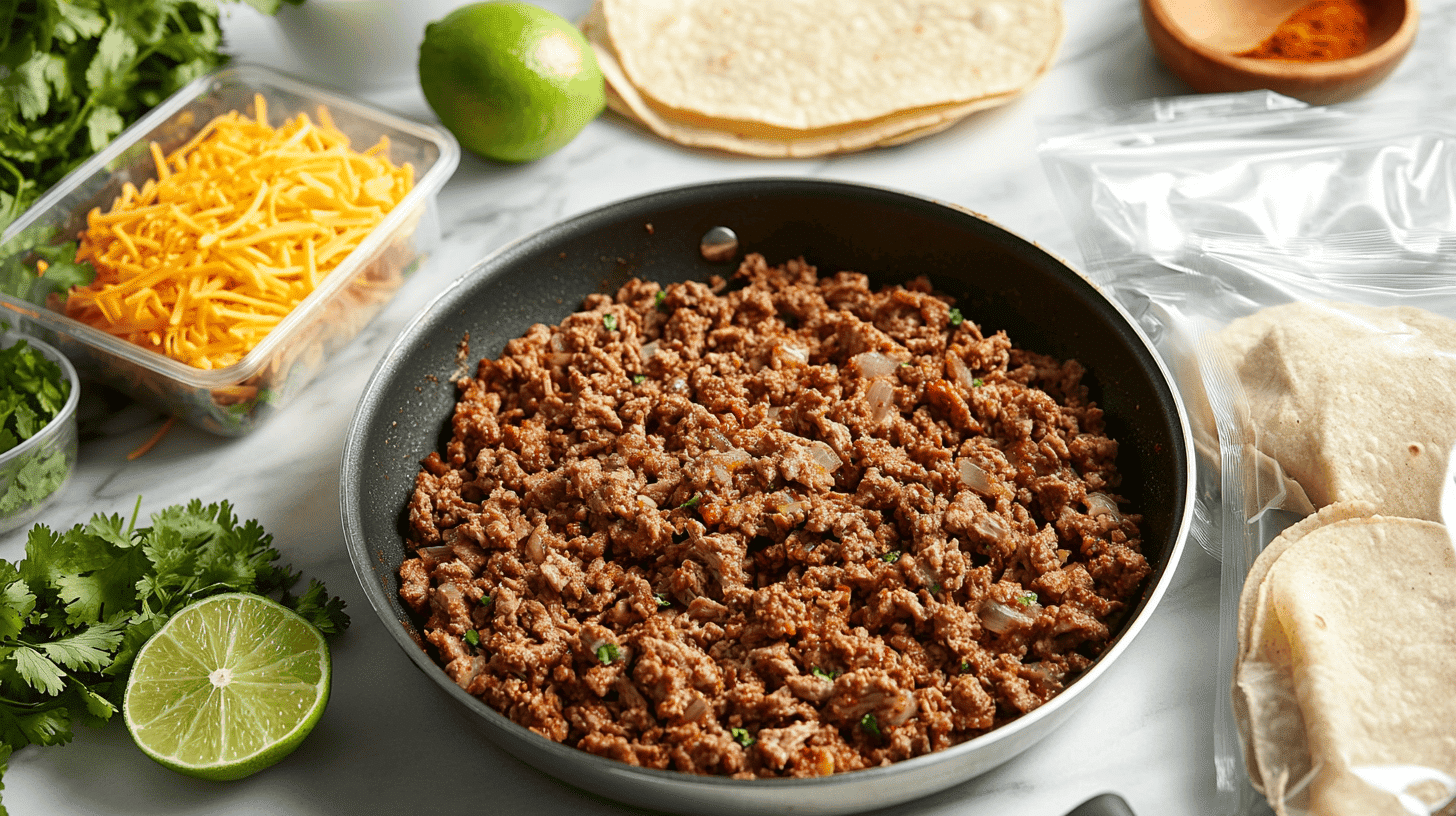 Cooked, seasoned taco meat in a skillet with freezer-safe bags and fresh taco ingredients ready for preparation.(Can you freeze already made taco meat?)