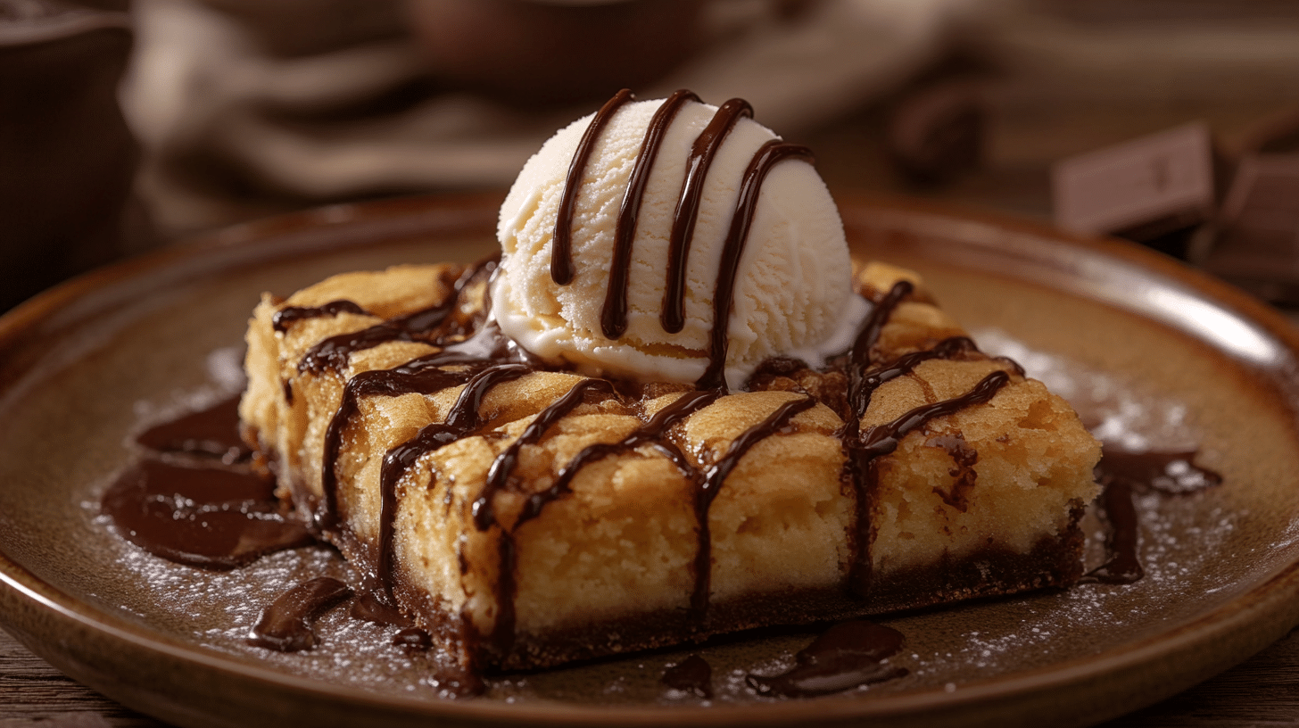 Brookie served with vanilla ice cream and a drizzle of chocolate sauce.(A delicious brookie dessert with layers of rich brownie and gooey cookie.