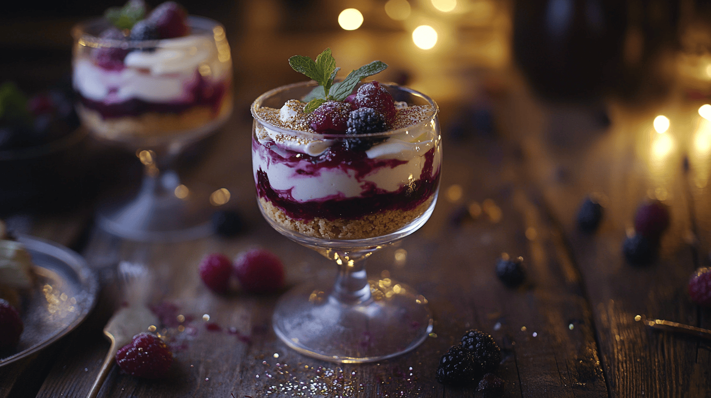 Magical Cream Berry Fairy dessert with layers of cream, berries, and glitter, served in glass cups with mint garnish.