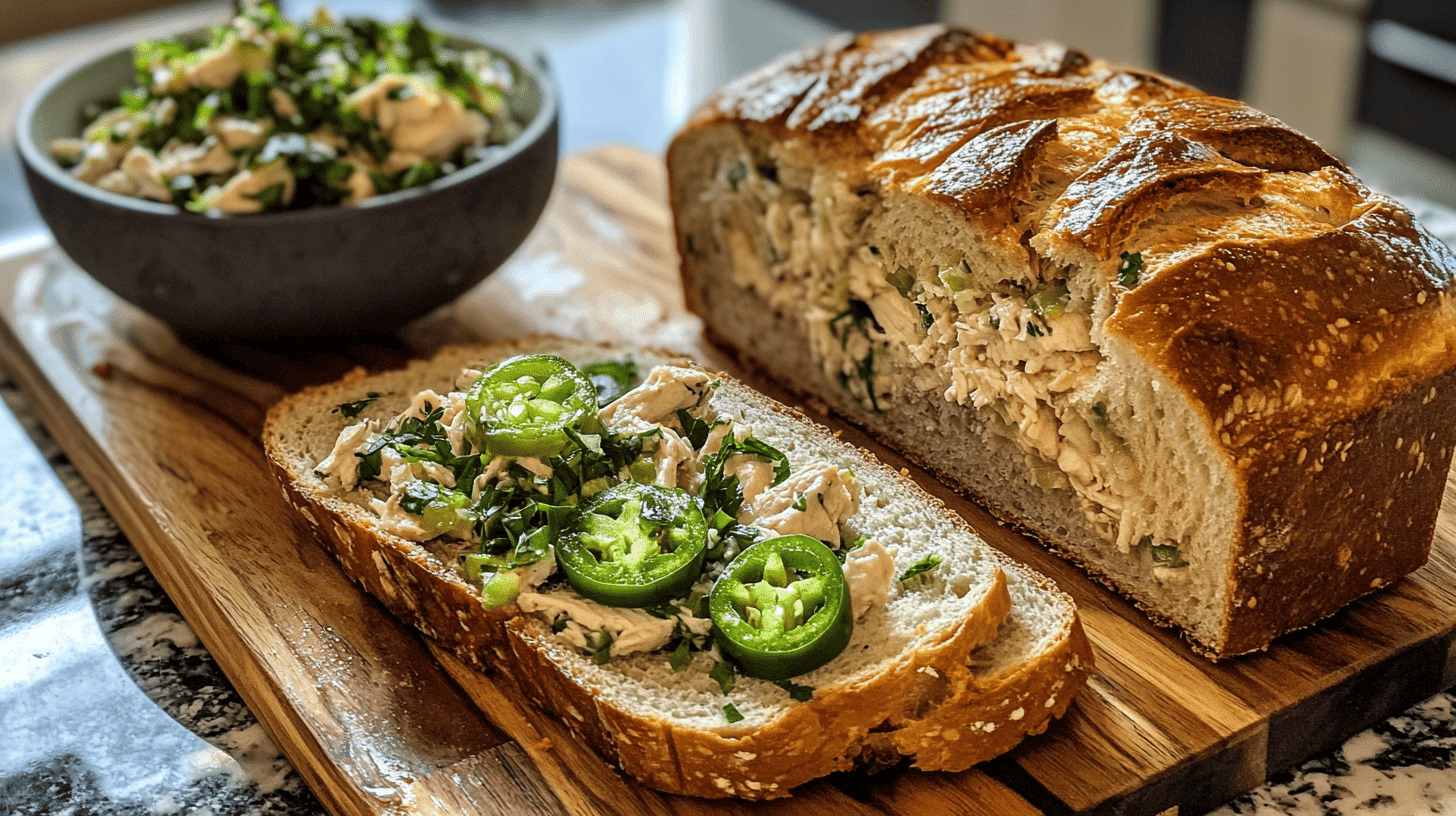 Sourdough bread slices next to a bowl of Jalapeño Holly chicken salad topped with fresh jalapeño slices.(What kind of bread does chicken salad chick use?)