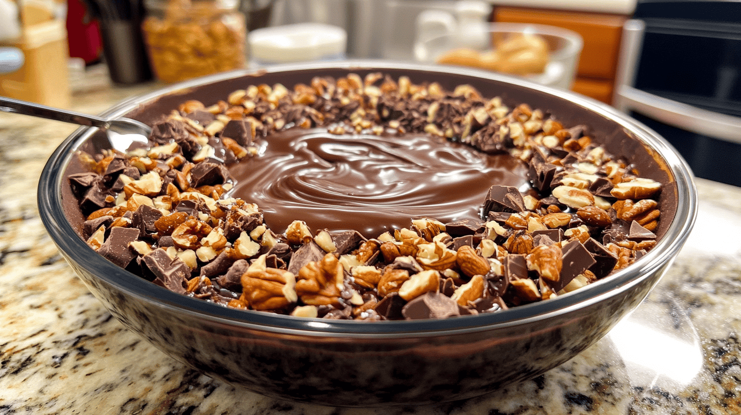 Freshly made Chocolate clusters Cadbury with nuts and dried fruits on parchment paper.