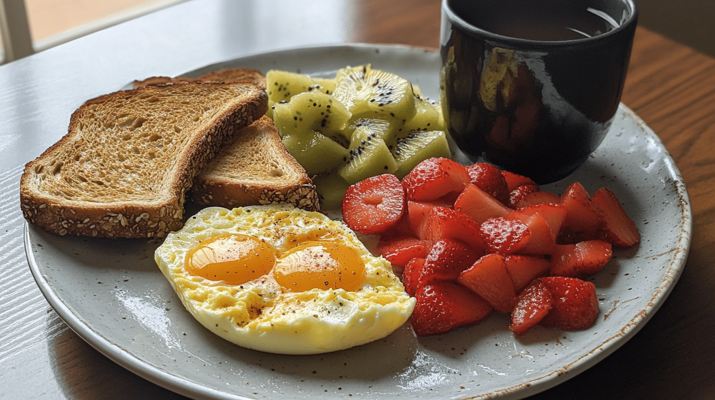 What is the most important meal today? A balanced breakfast plate with eggs, whole-grain toast, and fruit.