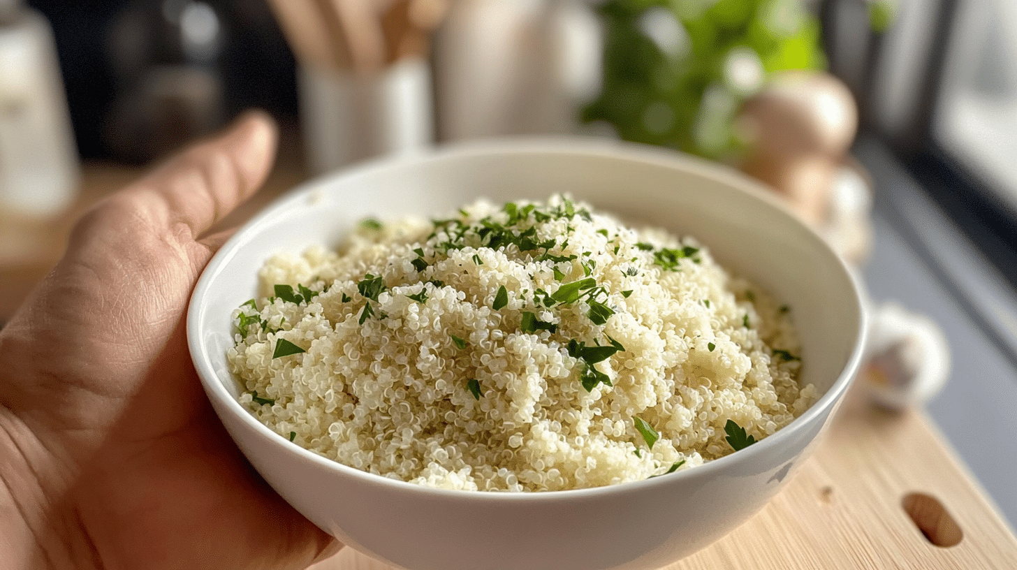 parmesan quinoa side dish with fresh herbs.
