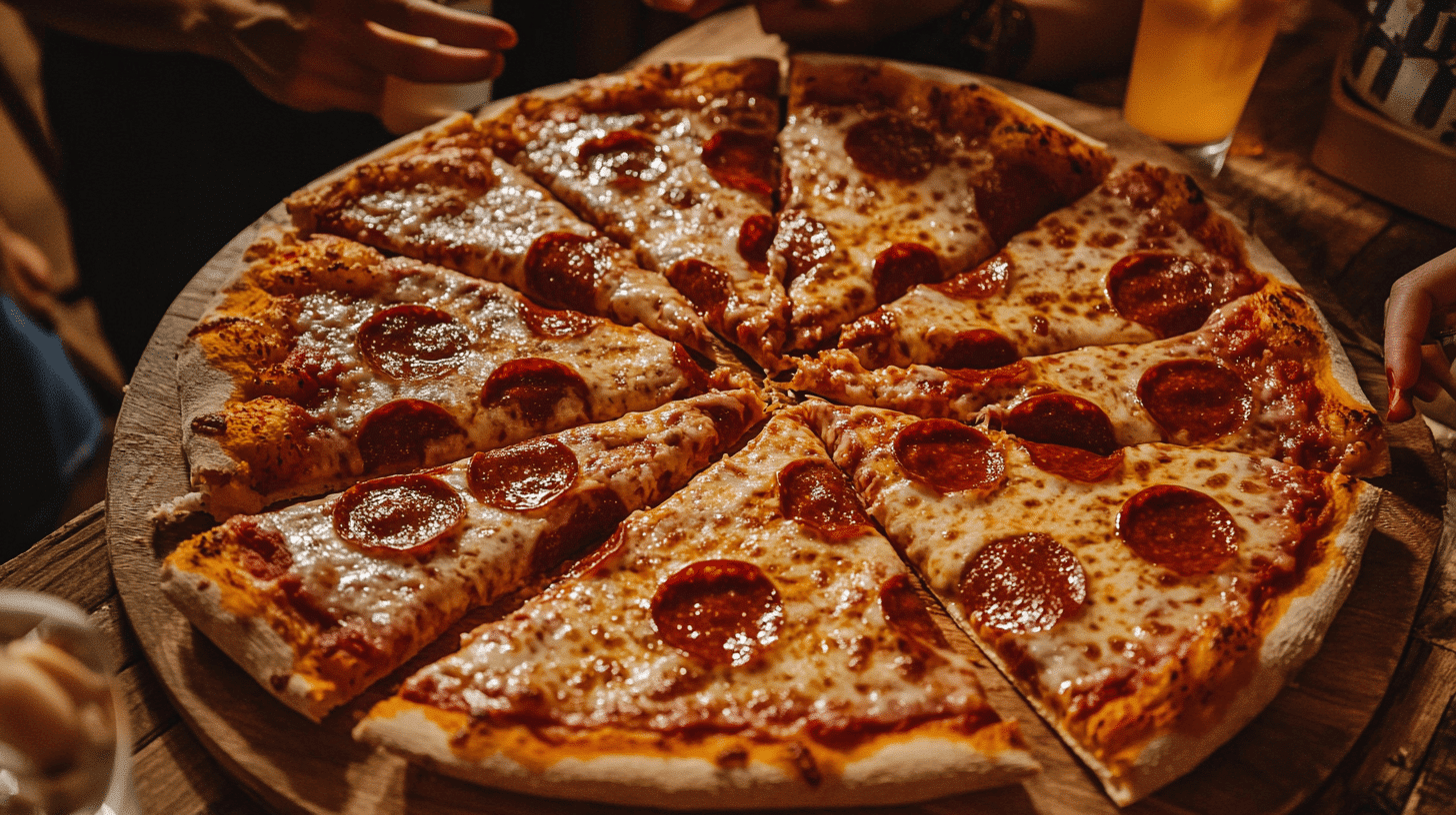 14 inch pizza cut into 8 slices with gooey cheese and pepperoni, ready to serve at a party. (How Many Slices is 14 Inch Pizza?)