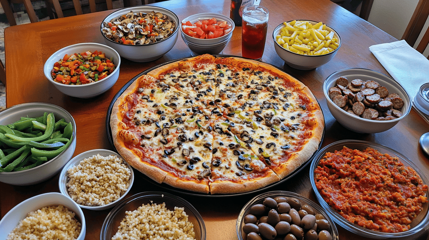 A 14 inch pizza surrounded by bowls of toppings on a dining table.